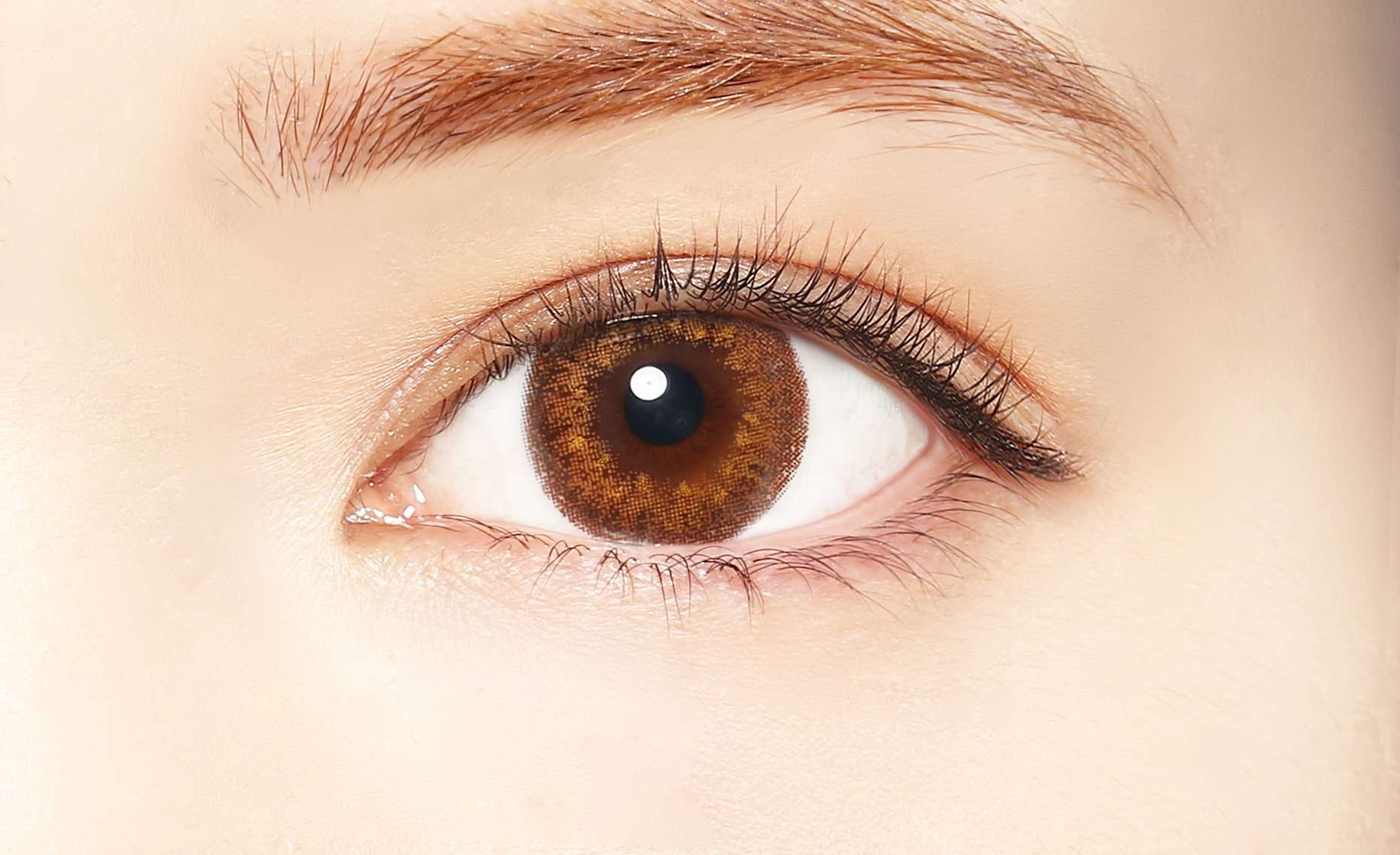 カラーコンタクトレンズ、LALISH ヌーディーキャメル | 1dayを装用した状態の目のアップ画像