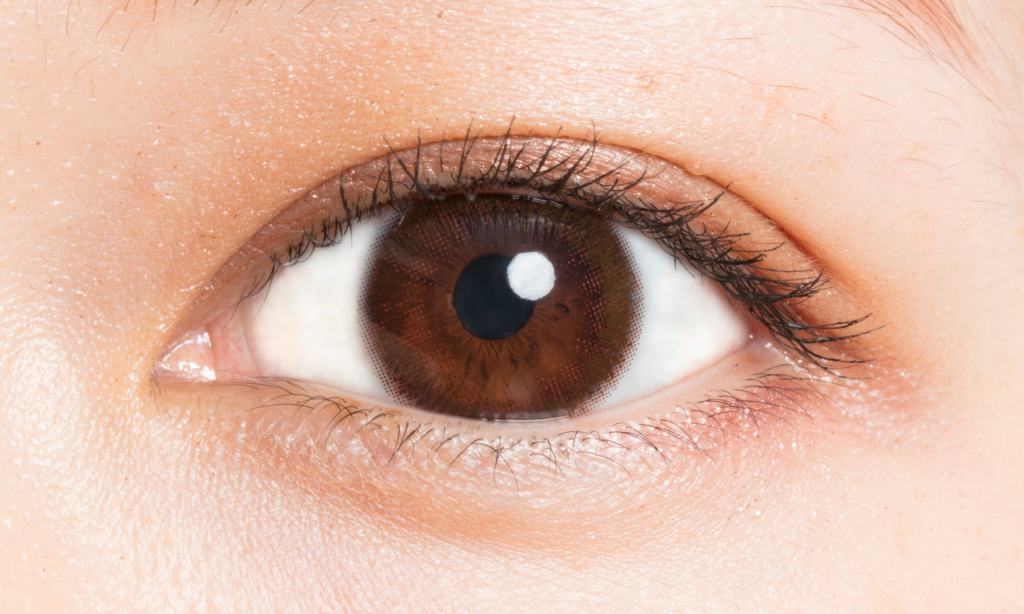 カラーコンタクトレンズ、LuMia スウィートブラウンプラス モイスチャー 14.5mm | 1dayを装用した状態の目のアップ画像