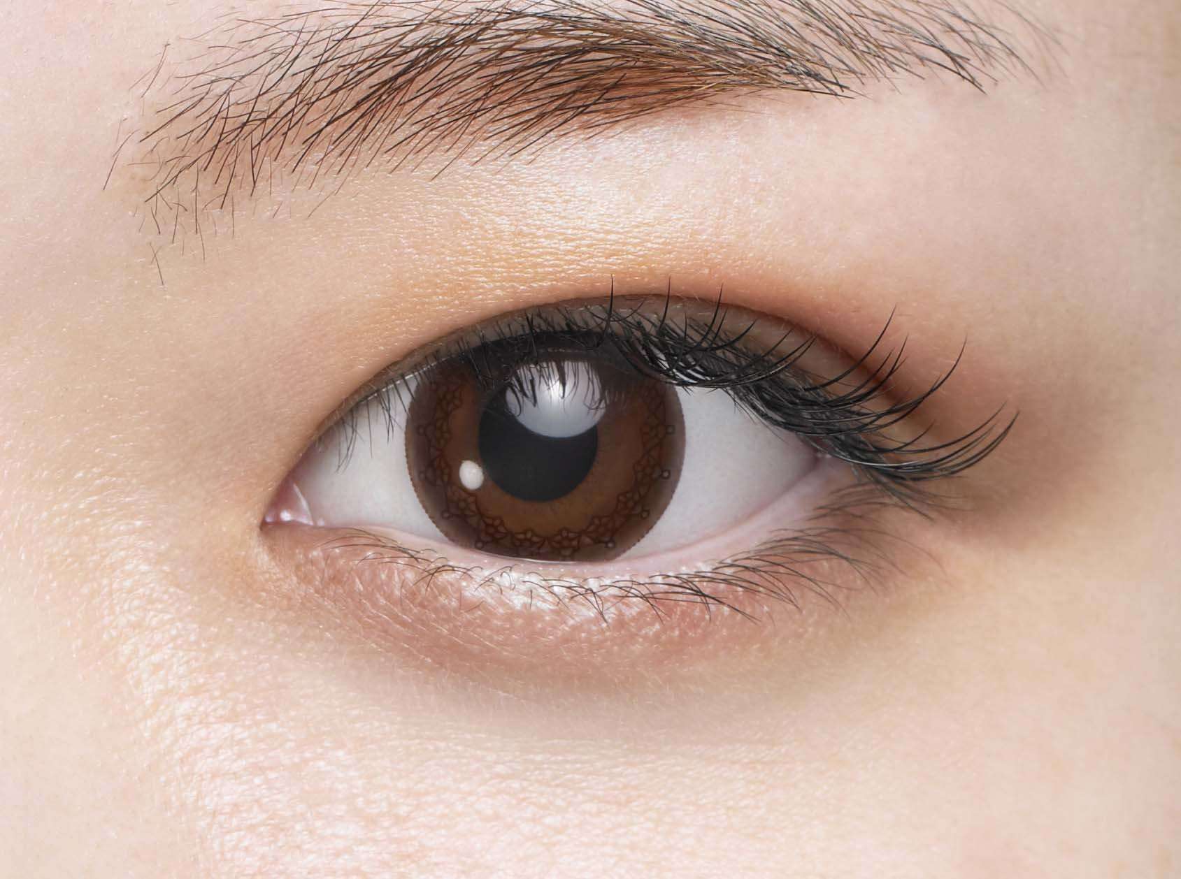 カラーコンタクトレンズ、Eye coffret リッチメイク（ブラウン） | 1dayを装用した状態の目のアップ画像
